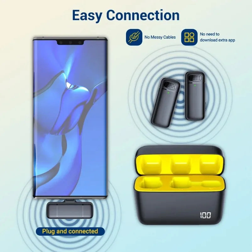 Wireless Lavalier Microphone Digital Charging Compartment Intelligent Noise Cancellation HD Recording for Android and iPhone